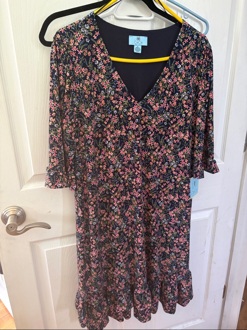 CeCe Black Midi Dress with Pink Floral Print